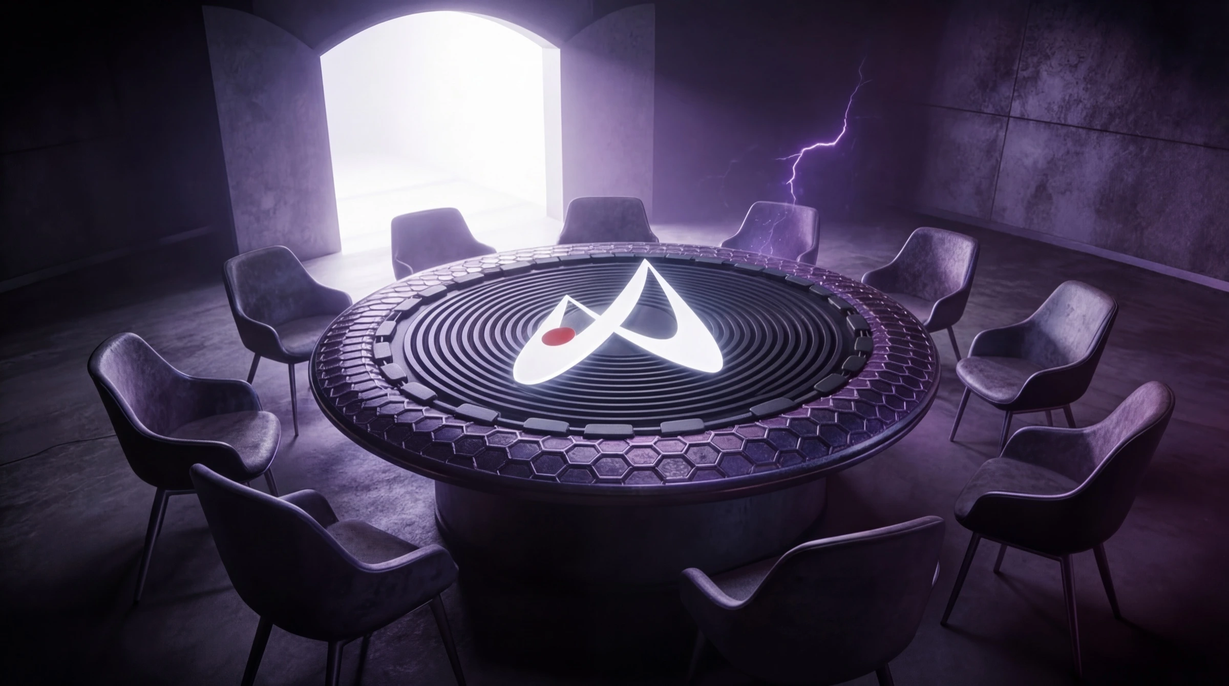 The Roundtable — cyberpunk council chamber with empty seats
